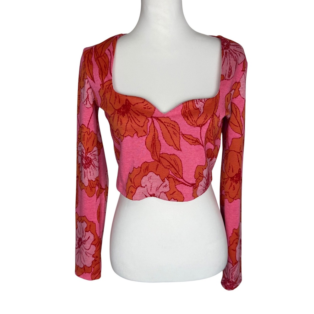Zara Womens Pink Orange Floral Knit Crop Top Sweetheart Neck Long Sleeve Large